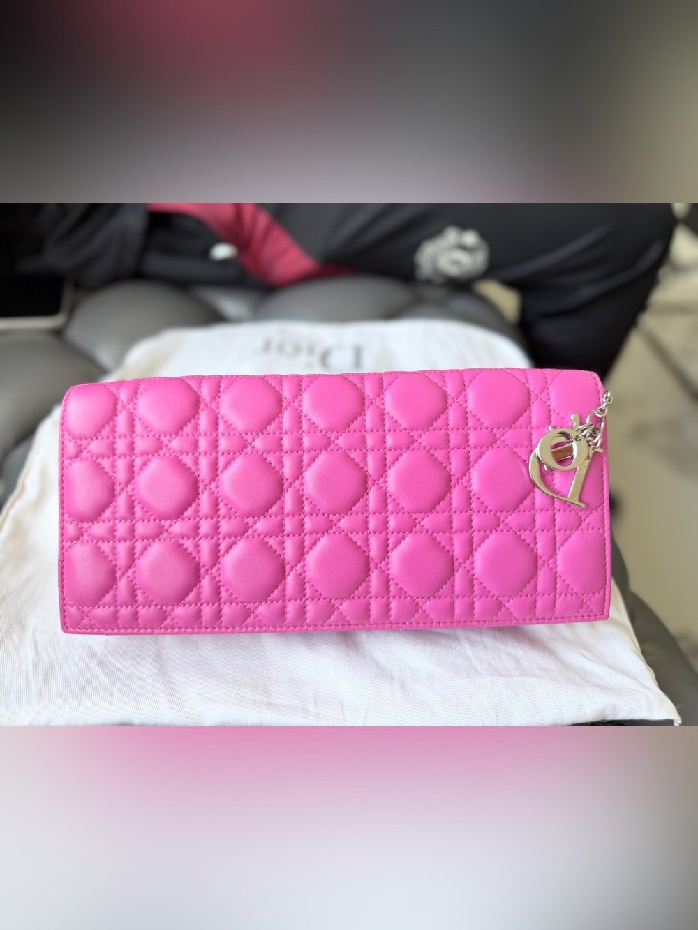 Dior Bright Pink Leather Clutch crossbody bag with Silver Chain